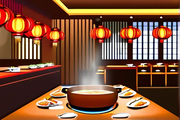 130平火鍋店裝修效果圖，現代風格設計，木質桌椅與紅色燈籠裝飾