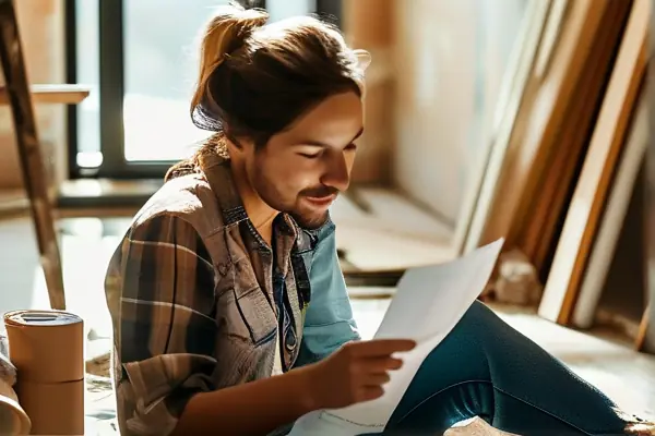 年輕夫婦查看新房裝修預(yù)算表