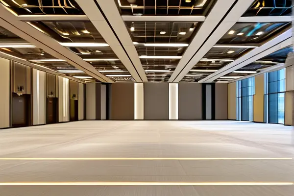 300平米宴會(huì)廳裝修現(xiàn)場(chǎng)，工人正在安裝燈具和地板