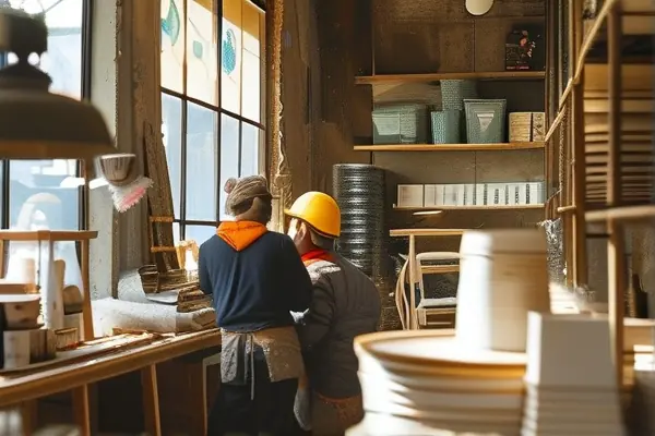 咖啡店裝修現場，設計師和工人討論裝修方案