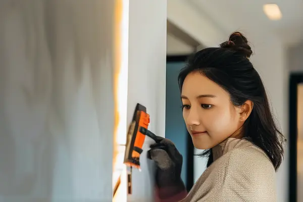 業(yè)主使用驗(yàn)房工具檢查新房墻面