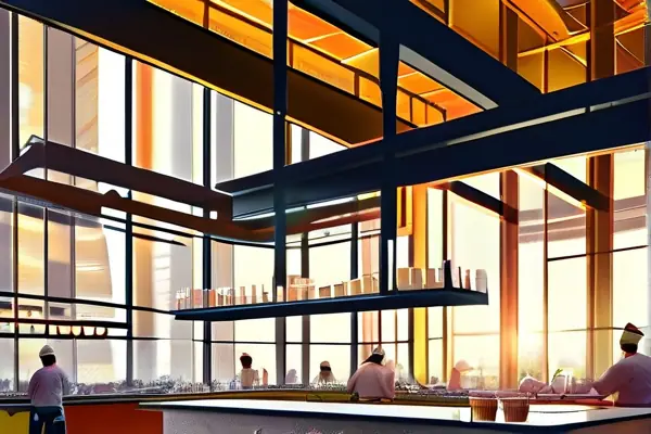 總部基地飯館裝修施工現場與預算規劃示意圖