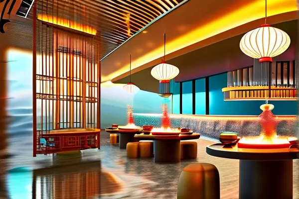 揚州風(fēng)水餐廳室內(nèi)設(shè)計實景：圓桌、水景與暖色調(diào)營造和諧就餐環(huán)境