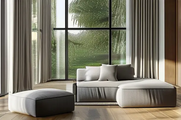 現代家居客廳中的灰色亞麻窗簾設計