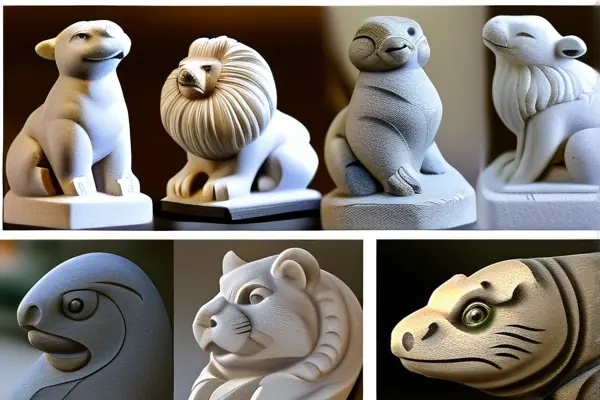 多種動物造型的石雕工藝品展示