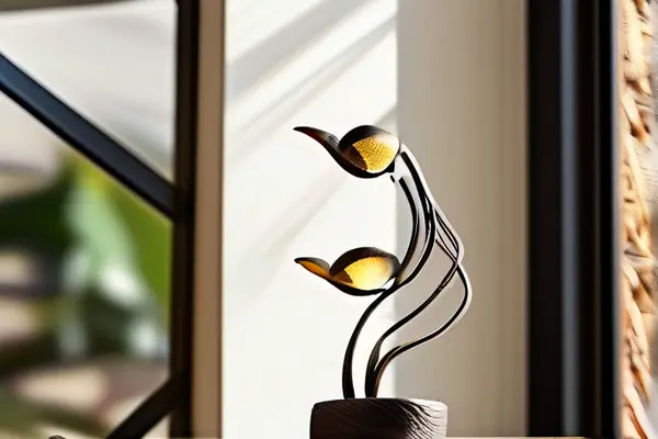 精美的金屬工藝品展示在木質架子上