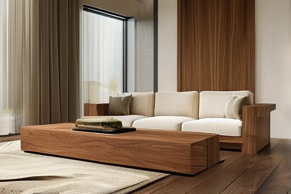 胡桃木色家具與米色沙發搭配效果圖