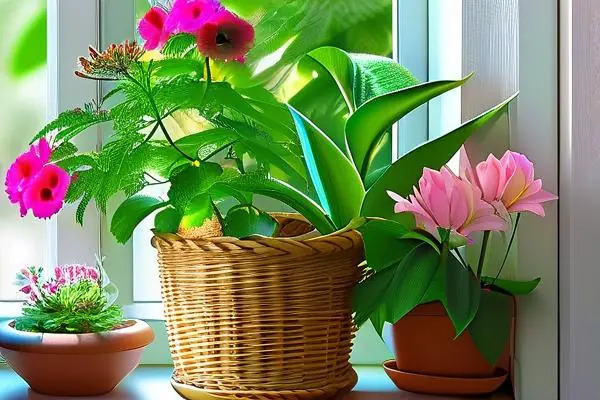 室內(nèi)盆栽植物花盛開在陽光充足的窗臺上