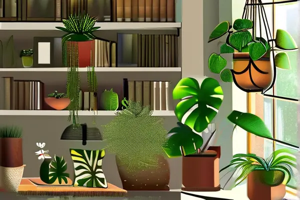 家庭室內擺放的多種植物花卉，包括綠蘿和和平百合，陽光透過窗戶照在植物上