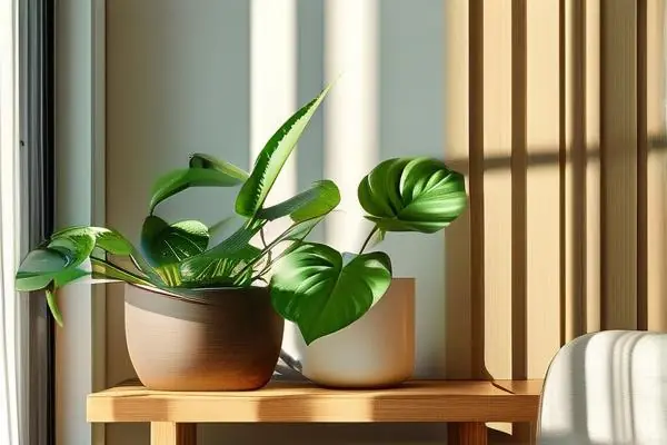 適合室內(nèi)養(yǎng)殖的多種綠植在客廳花架上的實景效果圖