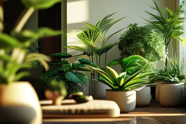 現(xiàn)代客廳中擺放的多種室內花卉盆景