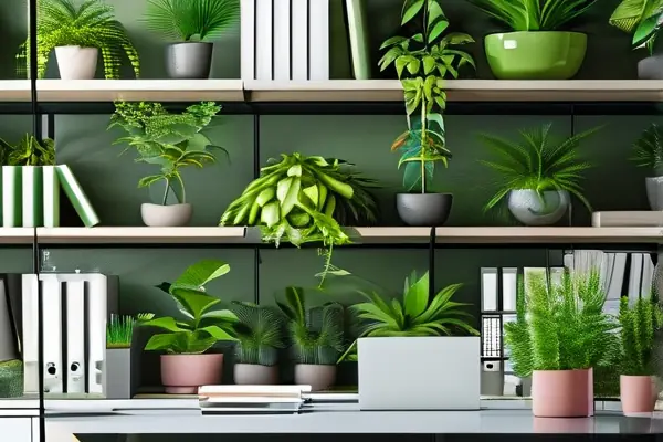 現(xiàn)代辦公室內(nèi)擺放多種綠色植物，營造清新活力的環(huán)境