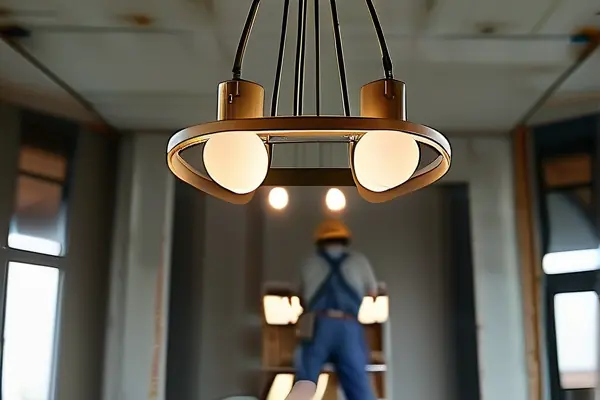 電工安裝吊燈現(xiàn)場工作照