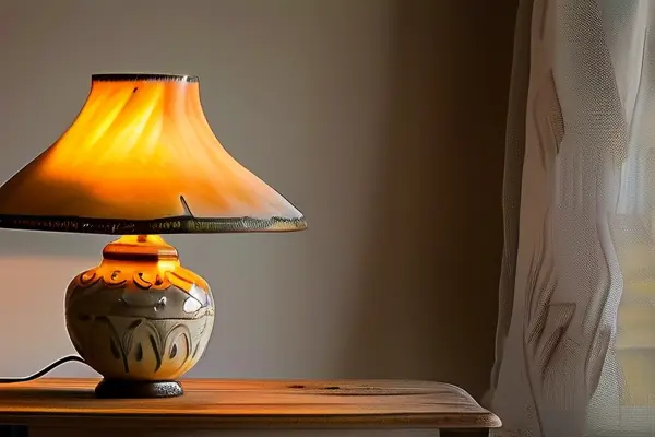 精美的陶瓷臺燈在復古書桌上投射出柔和燈光