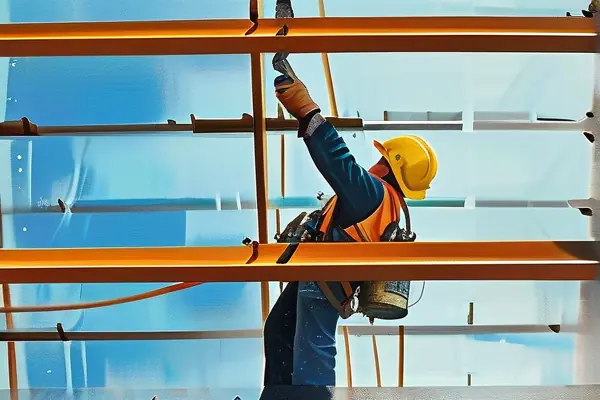 工人正在鋼結(jié)構(gòu)上施工防火涂料