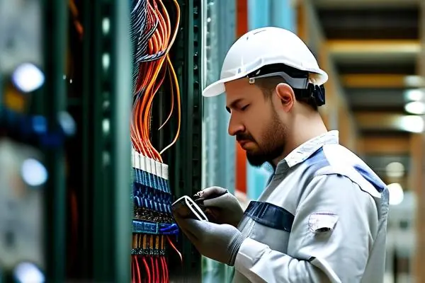 弱電施工驗收現場，技術人員正在檢測線路連接