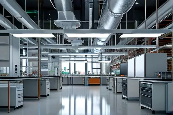 實驗室裝修施工現場，工人安裝通風設備