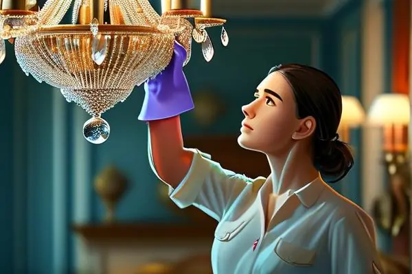 專業(yè)清洗人員正在清潔室內(nèi)吊燈