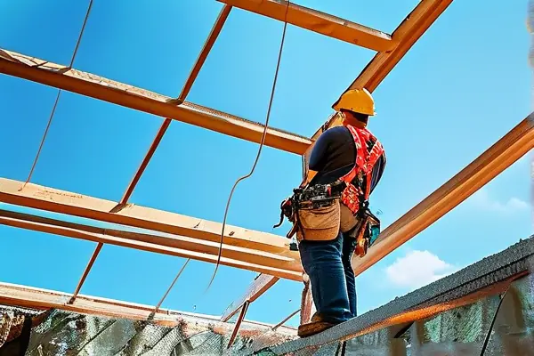 工人正在檢查外墻巖棉保溫板施工質量