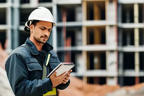 消防工程師在施工現(xiàn)場(chǎng)檢查消防設(shè)備