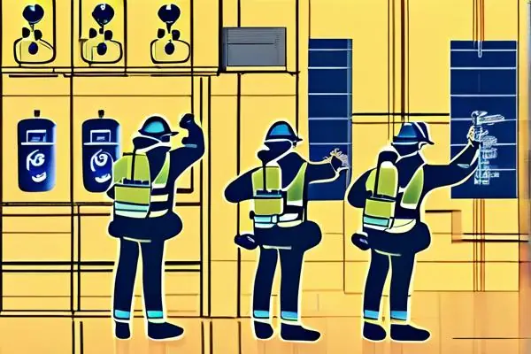 消防施工驗收團隊在檢查滅火器和警報器