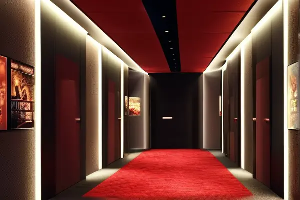 影院走廊鋪設紅色絨面地毯實景圖