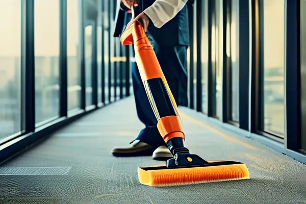 專業(yè)人員使用蒸汽清洗機(jī)清潔辦公室地毯