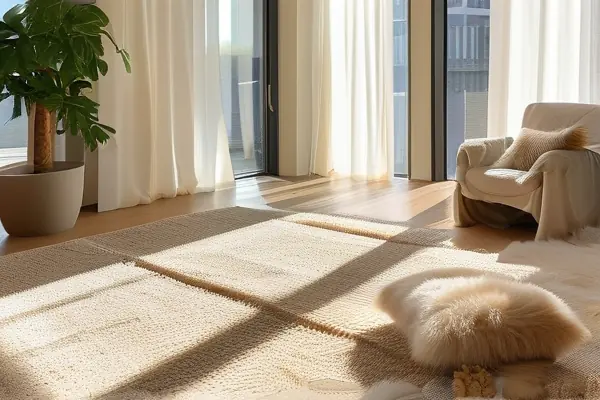 客廳鋪設米色大地毯的溫馨場景