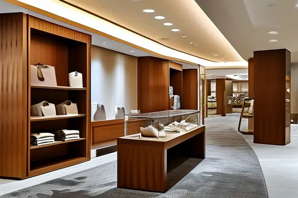 服裝店內的灰色紋理地毯與木質裝飾搭配效果