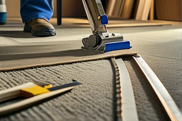 專業人員正在客廳鋪設地毯的施工場景