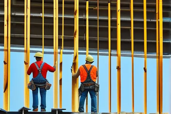 專業防火油漆施工團隊在商業建筑鋼梁上作業