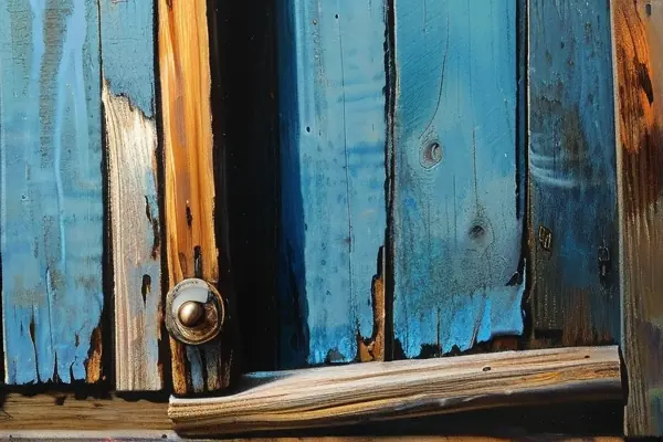 工人正在為老舊木門刷新漆，邊緣可見剝落的舊漆