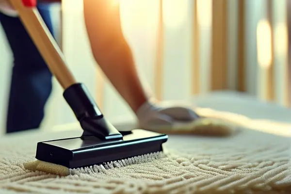 專業(yè)人員演示奶油色地毯局部去污過程