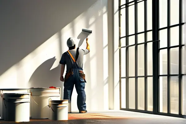 工人施工涂刷內墻乳膠漆現場