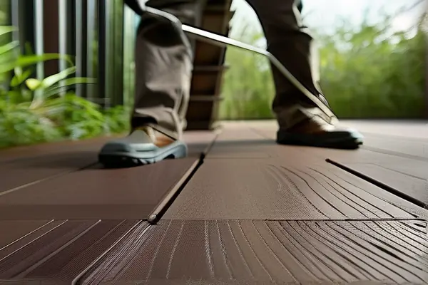 專業師傅現場鋪設塑木地板施工過程實拍