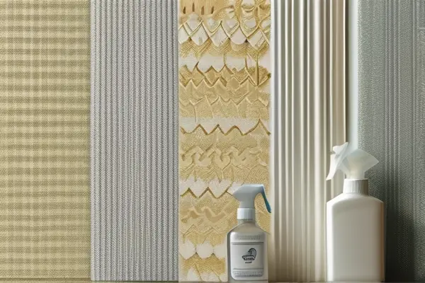 對比展示無紡布、PVC、純紙三種墻布材質隨時間變化的狀態及清潔工具