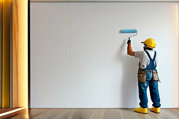 專業油漆工正在使用滾筒刷為墻面涂刷乳膠漆