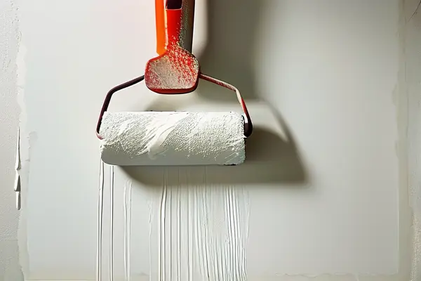 工人正在用滾筒刷將乳白色乳膠漆均勻涂抹在墻面上