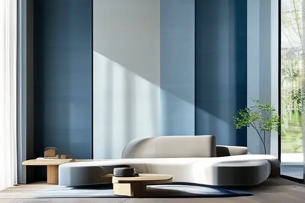 藍色漸變色彩壁紙裝飾的現代客廳效果圖