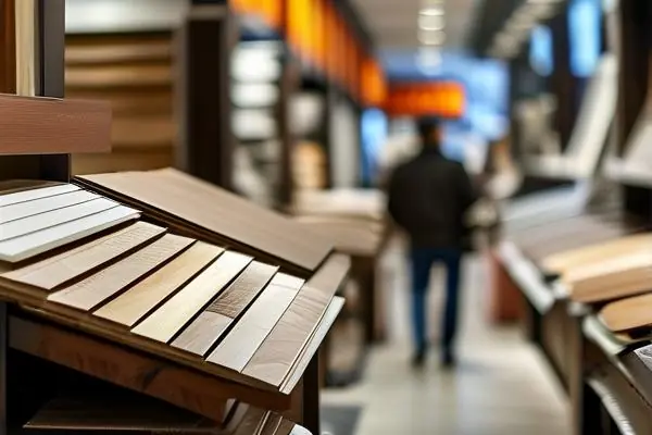 消費者在建材市場選購實木地板