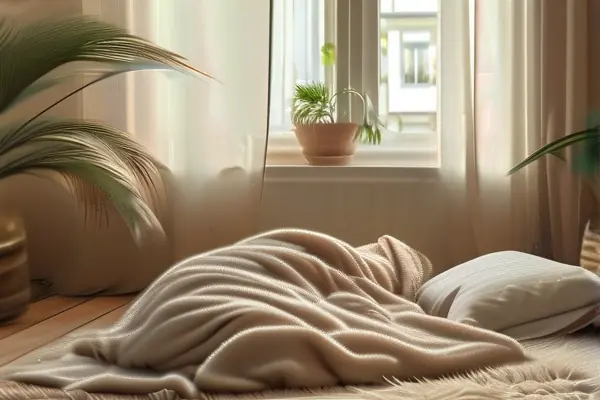 舒適的地毯睡眠場景，展示厚實(shí)柔軟的地毯和溫馨的環(huán)境