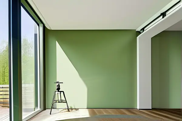 工人正在用環(huán)保水性漆粉刷明亮客廳墻面