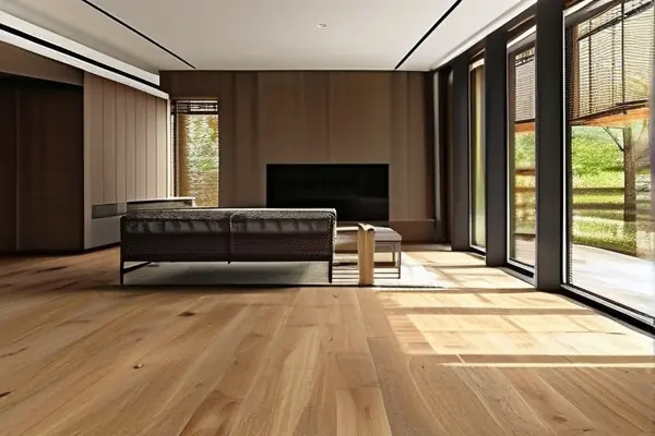現代客廳中鋪設的高品質槊木地板特寫