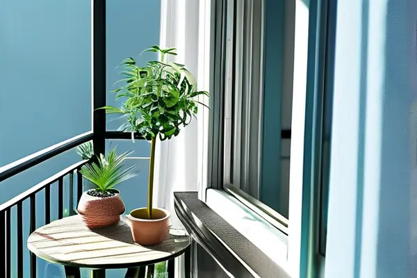 陽光照射下的淺藍色陽臺乳膠漆墻面效果