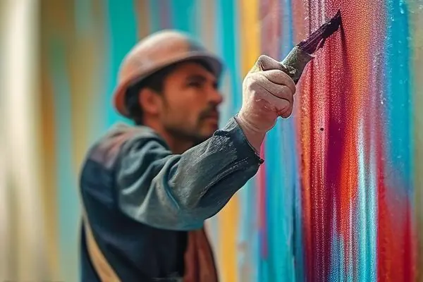 工人正在施工藝術漆墻面
