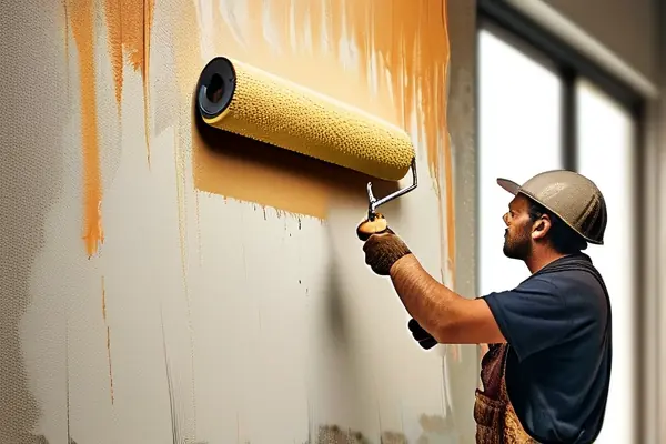 油漆施工步驟展示：工人用滾筒刷涂墻面