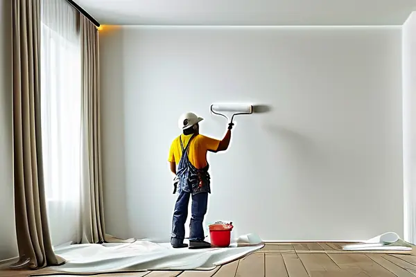 專業油漆師傅正在進行墻面滾涂施工