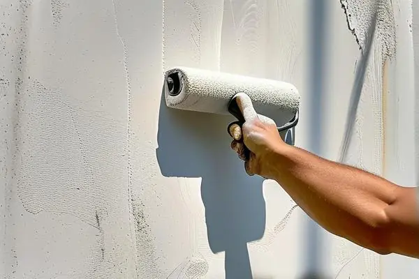 專業施工人員正在使用滾筒刷涂抹白色外墻乳膠漆