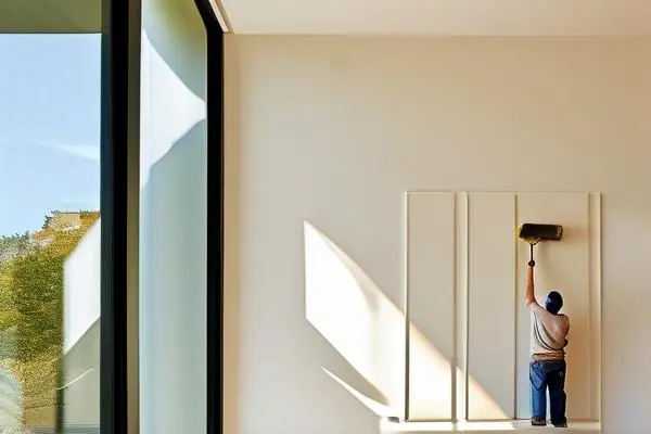 專業油漆施工人員在明亮客廳中涂刷中性色環保油漆