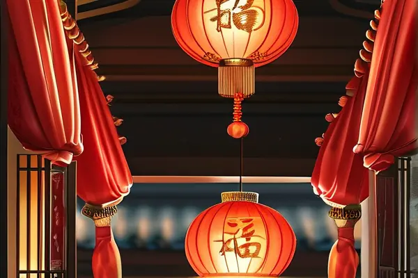 傳統中式大紅燈籠懸掛在新家大門實景圖